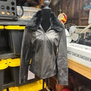 Apt. 9 Dark Brown Leather Jacket with Black angora rabbit hair fur